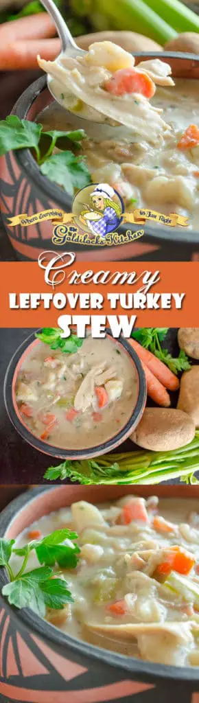 You'll enjoy this creamy leftover turkey stew more than the turkey dinner! Fresh herbs, veggies, potatoes, cream and chicken broth resurrect dry leftover turkey into something truly amazing. 