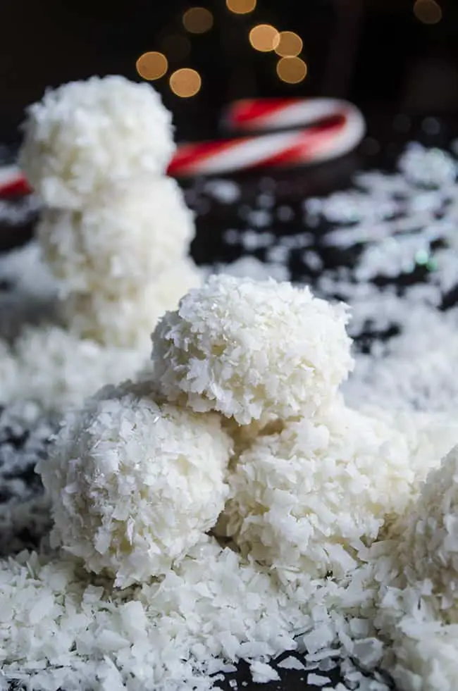 Coconut-Lime Snowballs with snowman and candycane