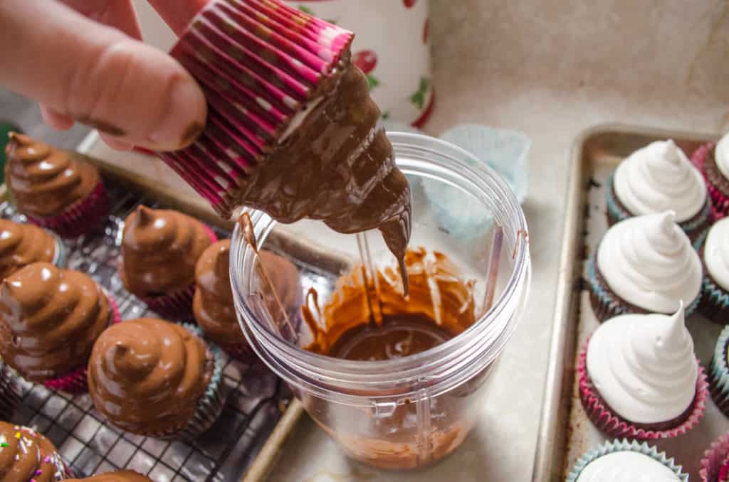 Dipping High-Hat Cupcakes In Chocolate