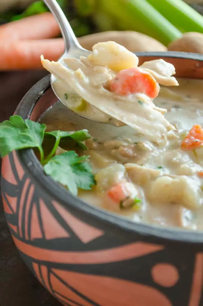 A closeup pic of Creamy Leftover Turkey Stew in a red and black painted Native American bowl.