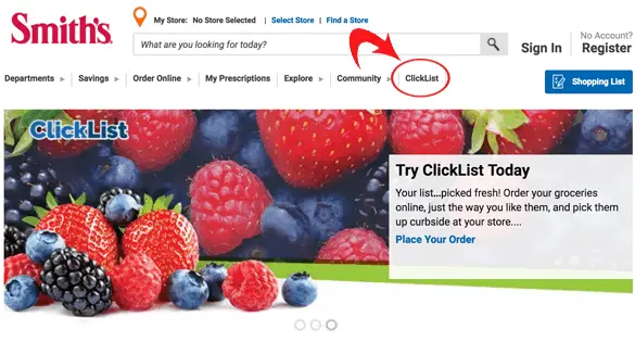 A screen shot of how to sign up to use Smith's Clicklist.