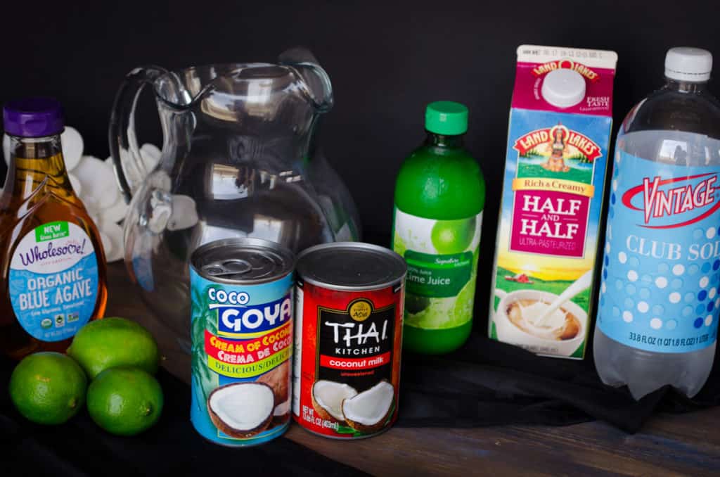 Ingredients for making a batch of Crowd Pleasing Coconut Lime Mocktail.