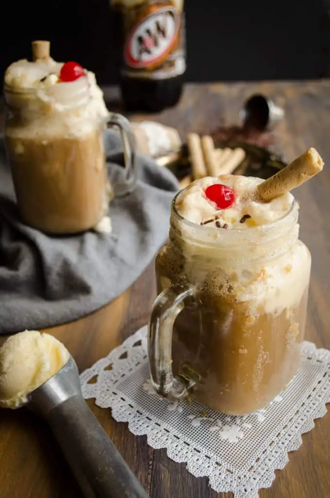 Two Rootbeer Floats in mugs made for a Family Night Rootbeer Float Bar.