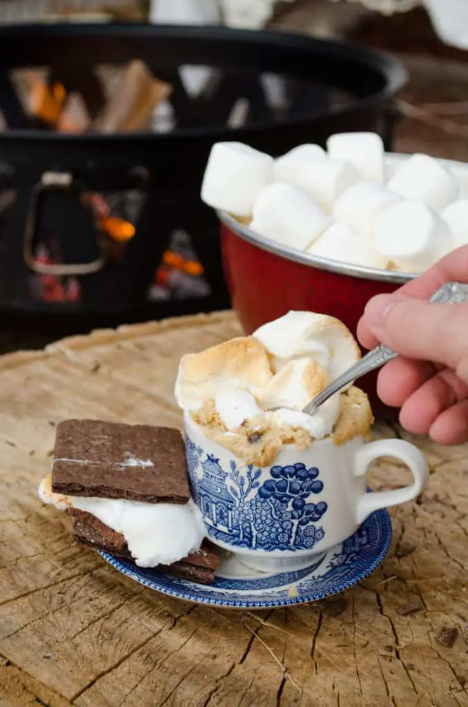 A S'mores Cake with Roasted Marshmallows by the campfire.