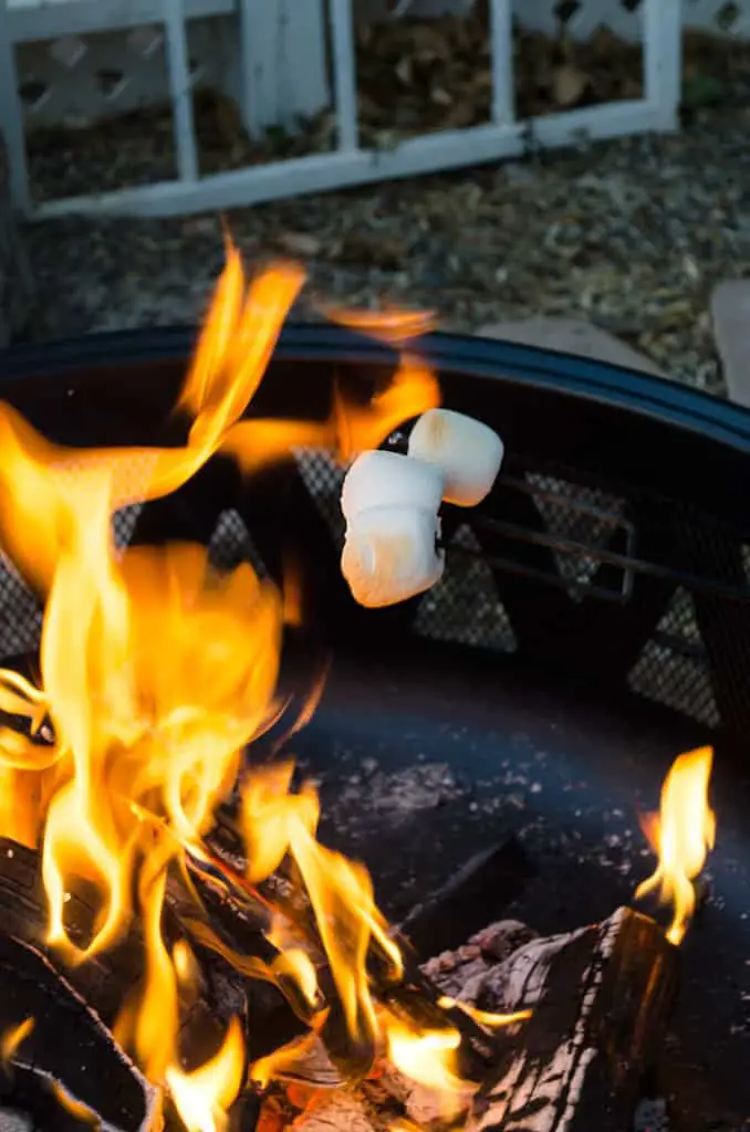 Marshmallows for a S'mores Cake with Roasted Marshmallows over the fire.