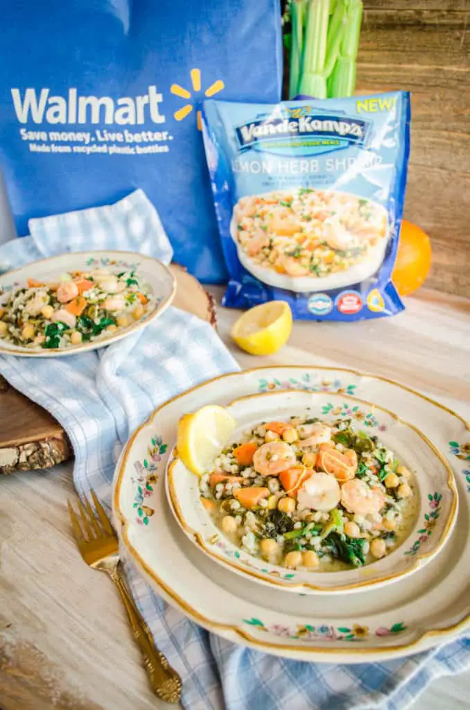 Van de Kamp's Seafood and Veggie Meals for Fish on Friday displayed on two plates with a Walmart bag and product frozen bag in the background - The Goldilocks Kitchen