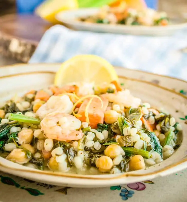 A close up of Van de Kamp's Seafood and Veggie Meals for Fish on Friday- Lemon Herb Shrimp with Chickpeas, Sweet Potatoes, and Spinach - The Goldilocks Kitchen