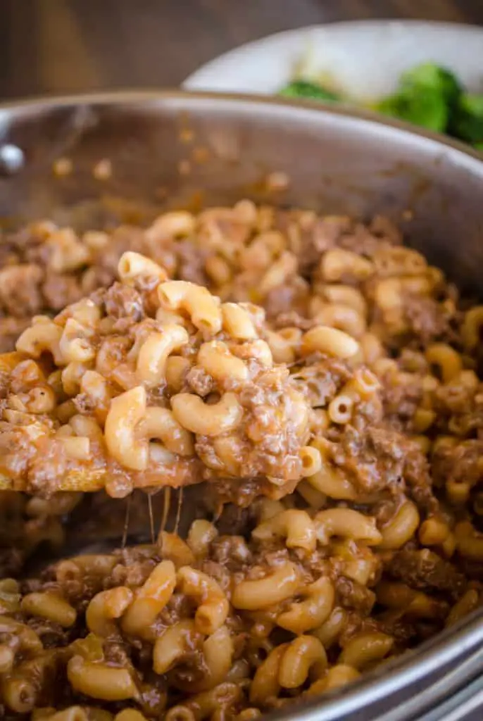 A close up of 30 Minute Chili Mac with melty cheese- The Goldilocks Kitchen