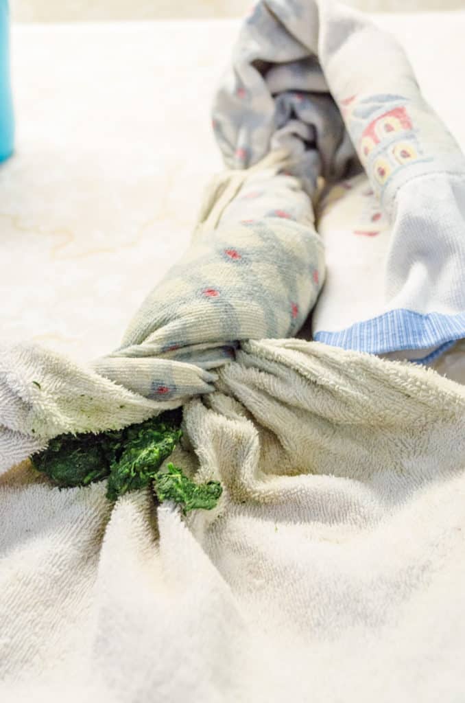 Thawed spinach is squeezed of all it's moisture tucked inside a kitchen towel that has been wrung out. For Creamy Stuffed Fish Florentine - The Goldilocks Kitchen