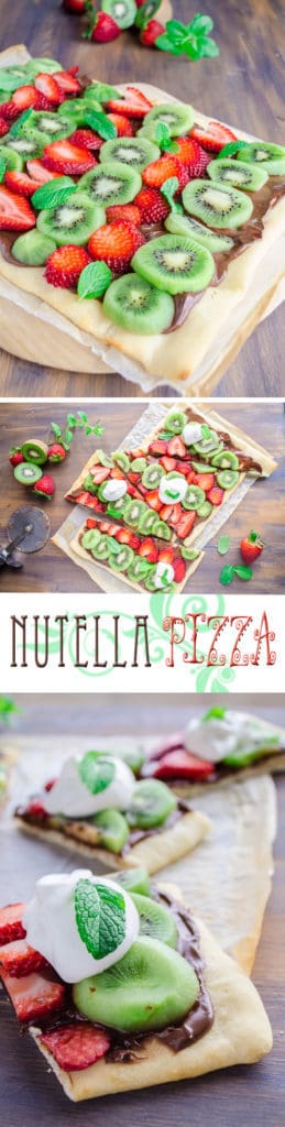 You won't find a more easy, fun and delicious dessert to treat your family and friends to than Nutella Pizza. Real Pizza dough topped generously with Nutella, fresh fruit, and a dollop of vanilla kissed whipped cream.