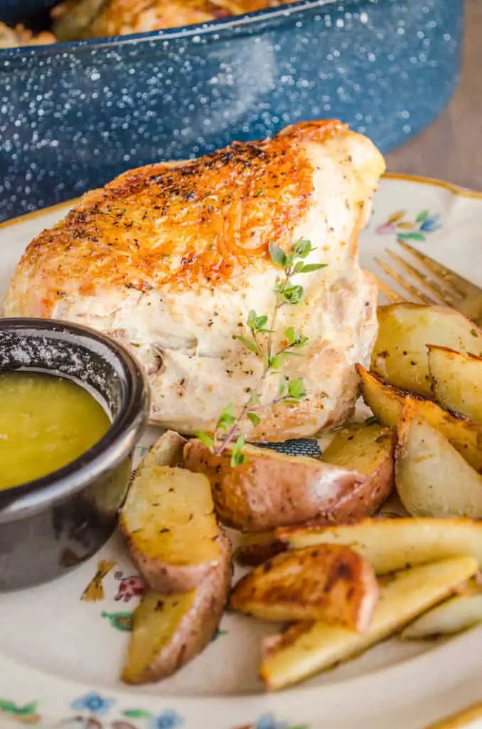  A golden brown roast chicken breast is surrounded with roasted potato wedges and garnished with a sprig of thyme and a lemon thyme pan sauce for Weeknight Roasted Chicken Breast with Red Potatoes - The Goldilocks Kitchen