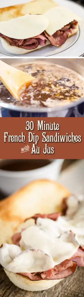 These 30 Minute French Dip with Au Jus Sandwiches are incredibly delicious, savory, fast and easy thanks to a few store bought ingredients and your oven broiler. These roast beef sandwiches make a great main course for a fast family weeknight dinner or weekend entertaining.