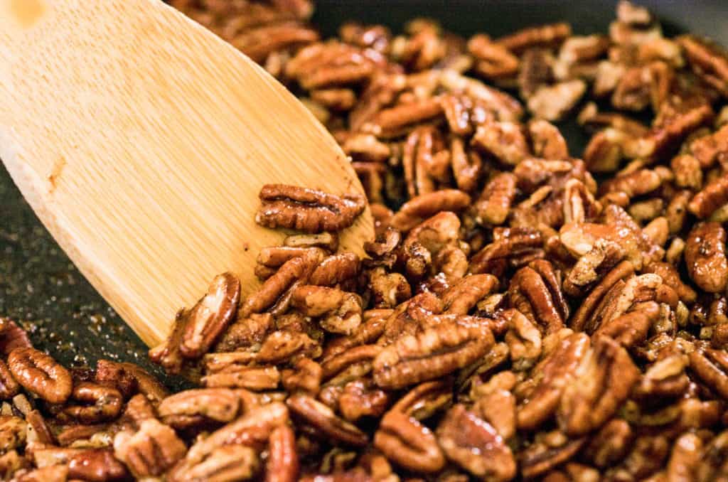 Candied Spice Pecans in a skillet ready to be removed to cool - The Goldilocks Kitchen