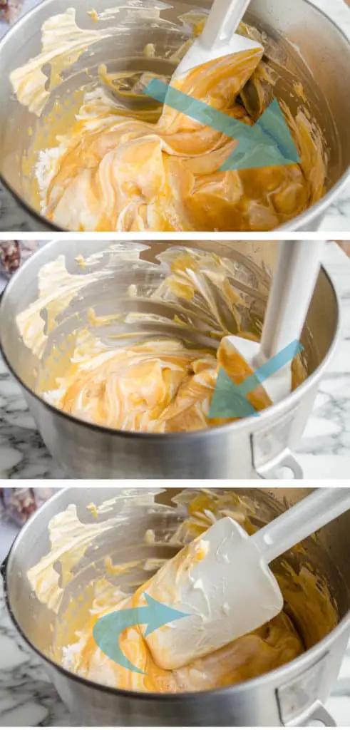 Folding technique with spatula and arrows for Pumpkin Spice Cheesecake Trifle - The Goldilocks Kitchen