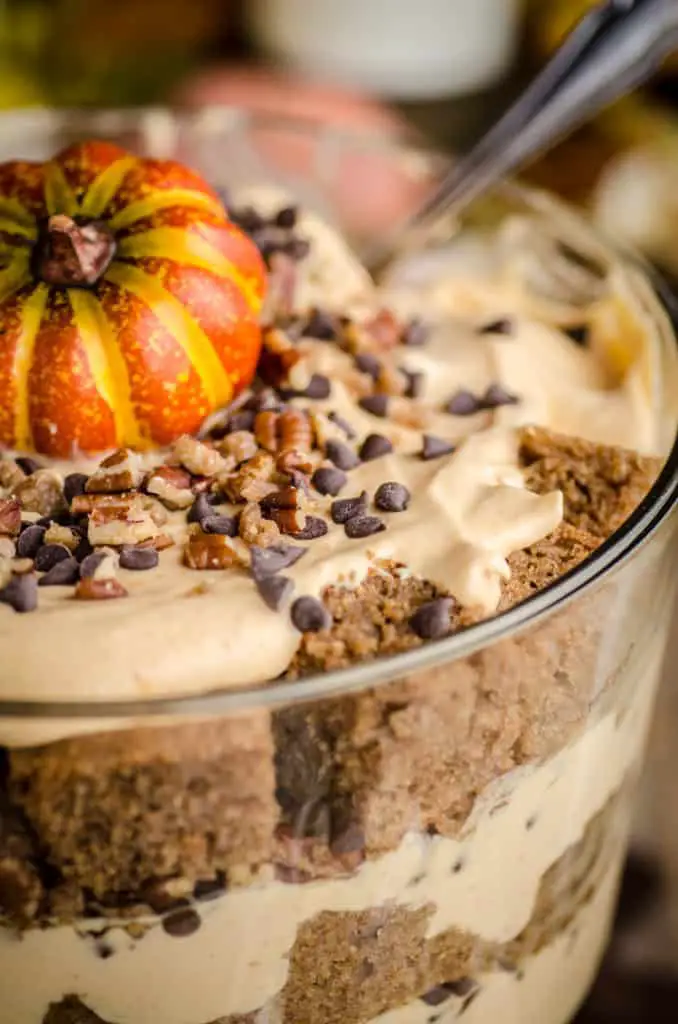 A close up pic of a fully assembled Pumpkin Spice Cheesecake Trifle - The Goldilocks Kitchen