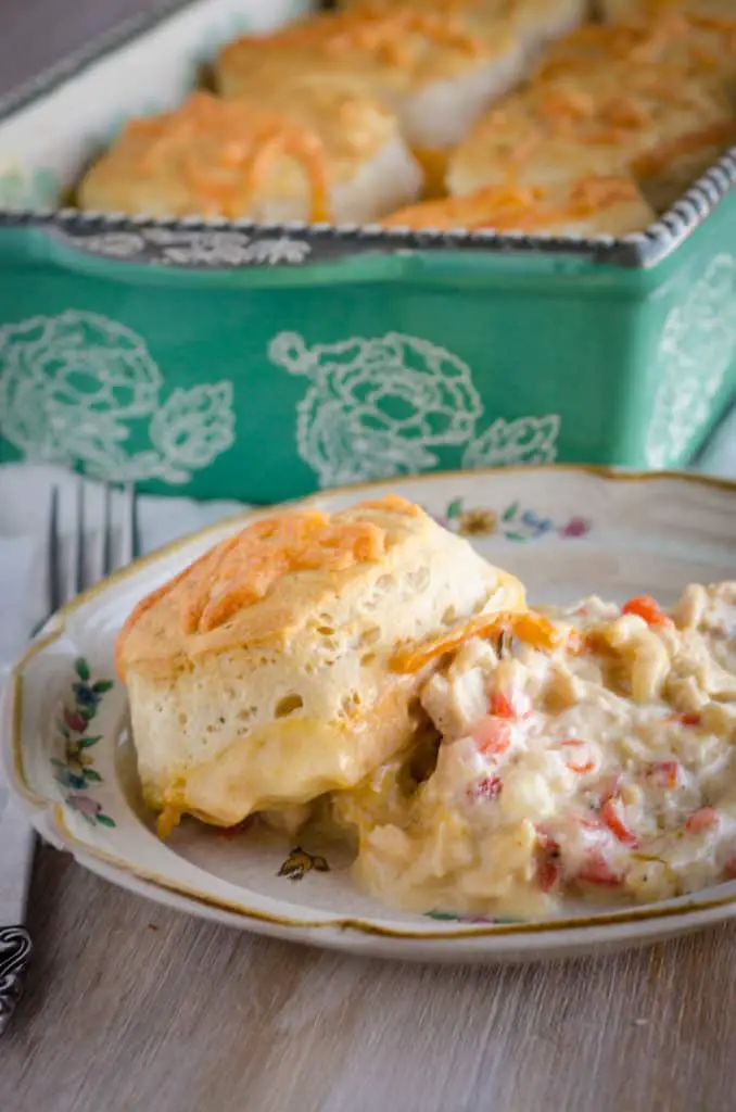 A serving of Creamy Chicken Biscuit Bake sits on a decorative plate showing the creamy chicken and golden baked biscuit on top - The Goldilocks Kitchen