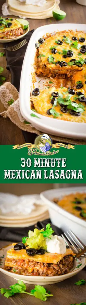 This delicious 30 Minute Mexican Lasagna dinner is fun and easy to make! Layers of ground beef, refried beans, tortillas, salsa, taco seasoning, and Mexican cheese blend; smothered with sliced olives, cilantro, sour cream and fresh guacamole.