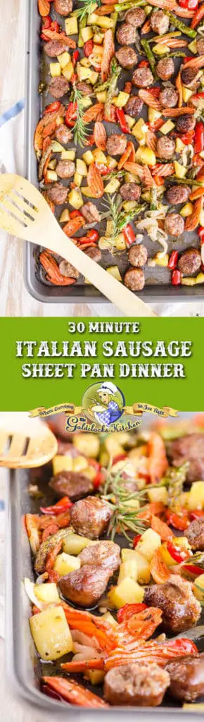 Sweet Italian sausage, bell pepper, onion, asparagus & carrots seasoned with herbs, roasted quickly in a simple sheet pan. 30 Minute Italian Sausage Sheet Pan Dinner ingredients can be assembled ahead of time and frozen to make life even easier!