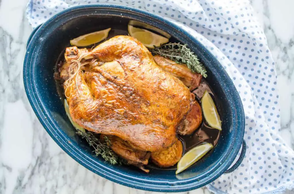 A deep golden colored, freshly roasted chicken sits in a blue/white speckled enamel oval roasting pan for Whole Roasted Chicken and Sweet Potatoes - The Goldilocks Kitchen