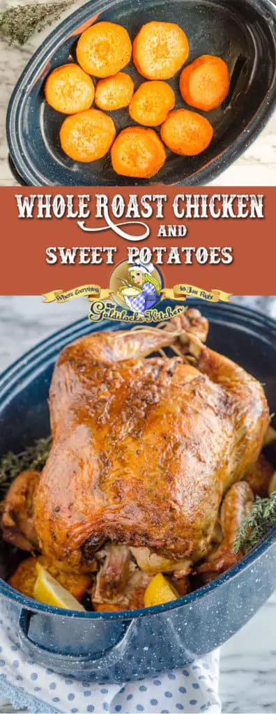 This recipe for Whole Roasted Chicken and Sweet potatoes produces flavorful juicy meat with crispy skin, while seasoned sweet potatoes roast underneath to soak up the chicken drippings. Absolutely delicious- one of the best 'meat and potatoes' recipes out there!