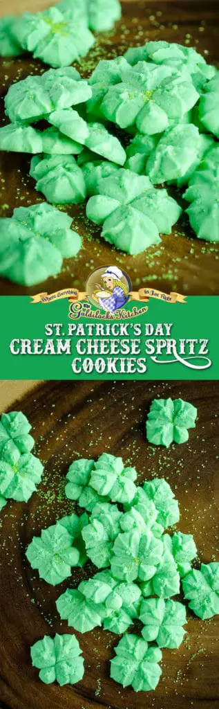 Baking these cute little St. Patricks Day Cream Cheese Spritz Cookies is so much fun- they hold their shape perfectly in the oven, making them a great fit for using in a cookie press.