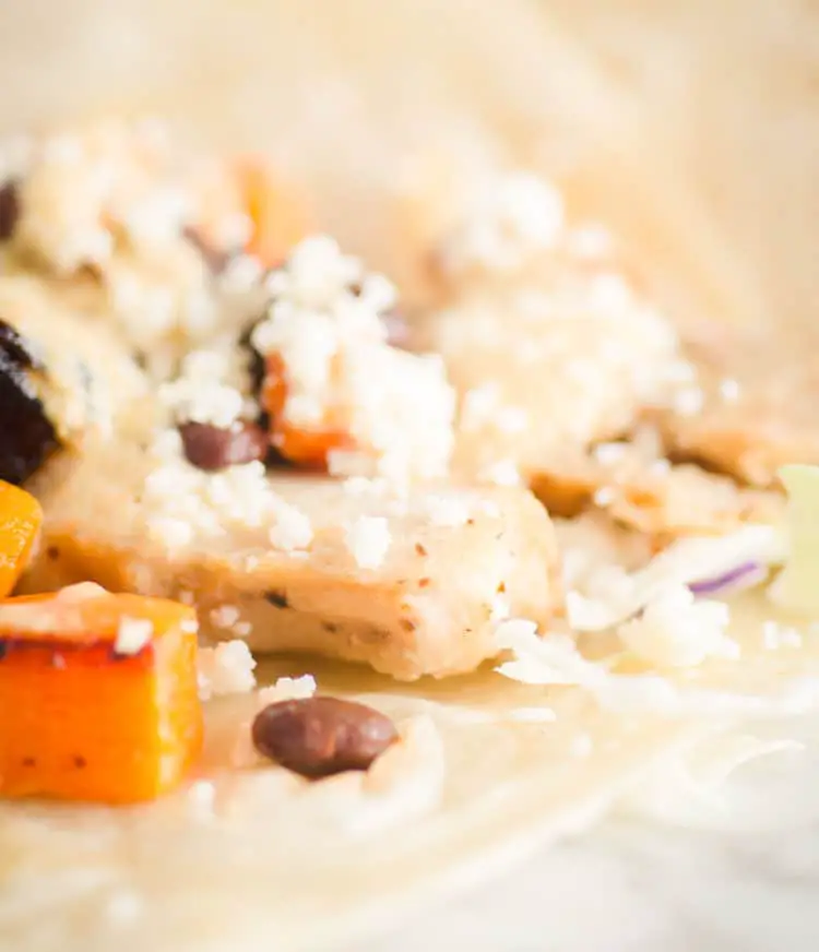 A close up picture of a Grilled Chicken Taco with Green Chile Cream Sauce showing chicken, black beans, roasted squash, green chile cream sauce, shredded cabbage and crumbled queso fresco - The Goldilocks Kitchen