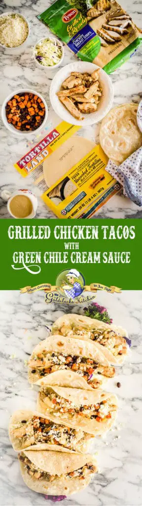 #ad Grilled Chicken Tacos with Green Chile Cream Sauce are just what you need to throw a great party! Made with ready to eat grilled Tyson chicken, freshly cooked TortillaLand flour tortillas, seasoned roasted squash, black beans, queso fresco and shredded cabbage; smothered in spicy roasted green chile cream sauce. 