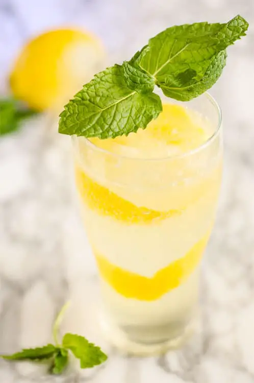 A tall clear Lemonade sparkler drink, garnished with a long thin spiral of lemon zest in the glass and a large sprig of fresh mint. - The Goldilocks Kitchen