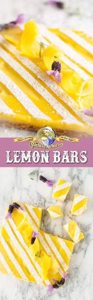 These delightfully delicious lemon bars make the perfect treat to take on a picnic, present to your bookclub, or serve at your next backyard barbecue. They have just the right amount of sweet/tart flavor and the lemony flavor is complemented with an almond shortbread crust. Happen to have some dried culinary lavender lying around? Add a tablespoon and a half to the crust before baking for a light floral-flavor component.
