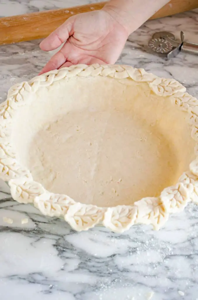 Cut pieces of dough and braided strips of dough are placed around a pie plate filled with pie crust dough to show how to prebake a pie crust - The Goldilocks Kitchen