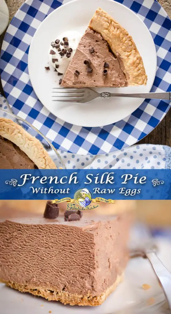 Traditional french silk pie is made with a raw egg meringue, but NOT this pie! This recipe for French Silk Pie without raw egg cooks the meringue while it's whipped over hot simmering water to pasteurize the egg whites for safe eating, so no one will get the 'willies' from eating raw eggs!