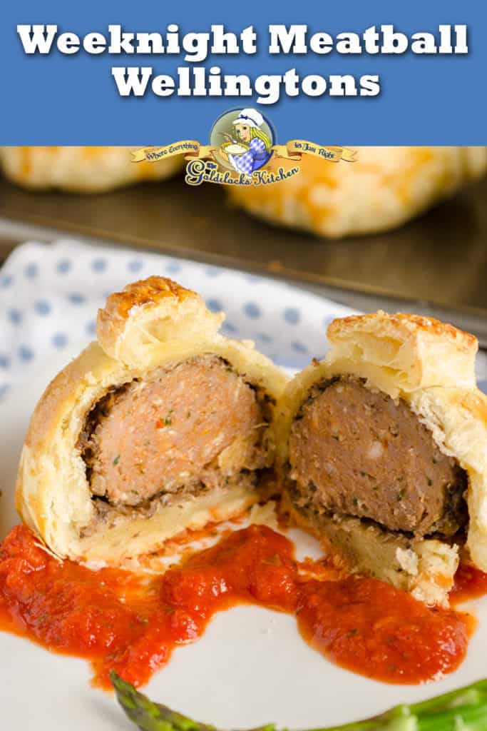 These Easy Meatball Wellingtons are a great dinner idea for entertaining or for a large family dinner. They taste like homemade but in just half the time. Meatballs covered in mushroom and wrapped in puff pastry, then baked and served over marinara sauce. - The Goldilocks Kitchen