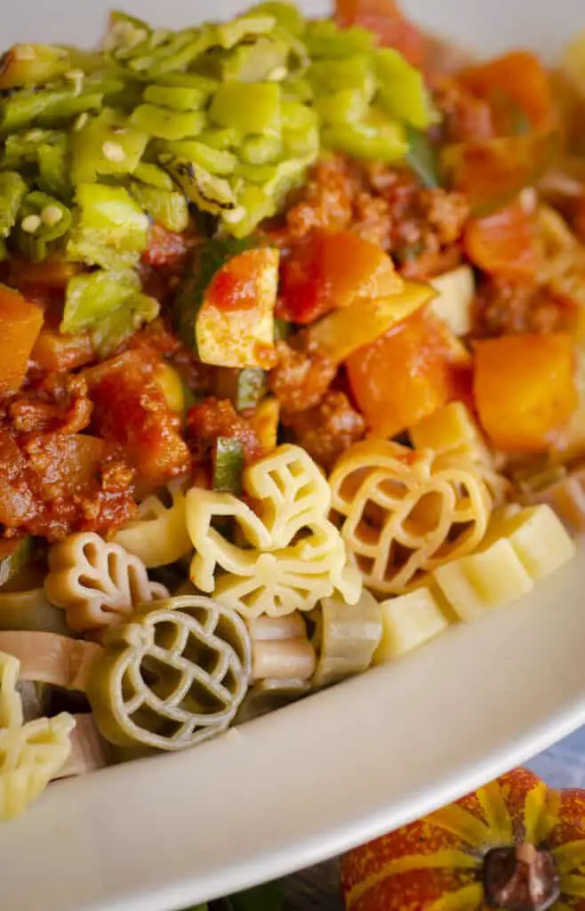 A closeup of Green Chile Squash Goulash showing a hearty texture served over fun multi-colored Autumn-shaped pasta.