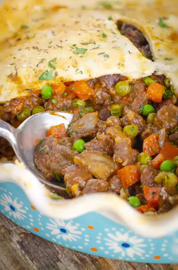 A closeup picture of the filling in Savory Beef Pot Pie.