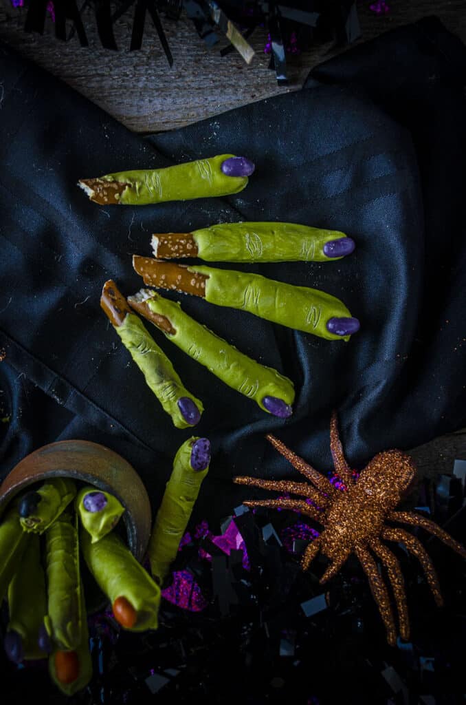 Looking down on several finished Witch Fingers Halloween Treats.