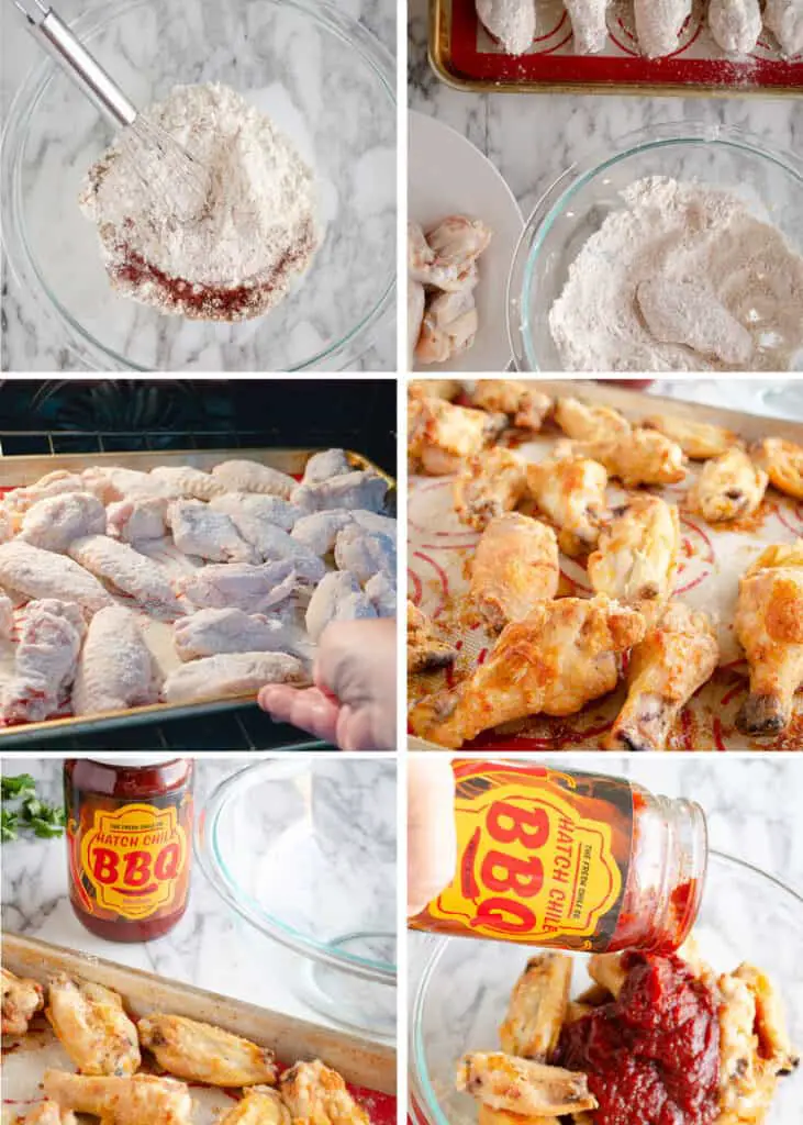 A step-by-step photo montage featuring 6 photos of how to make Hatch chile barbecue wings.