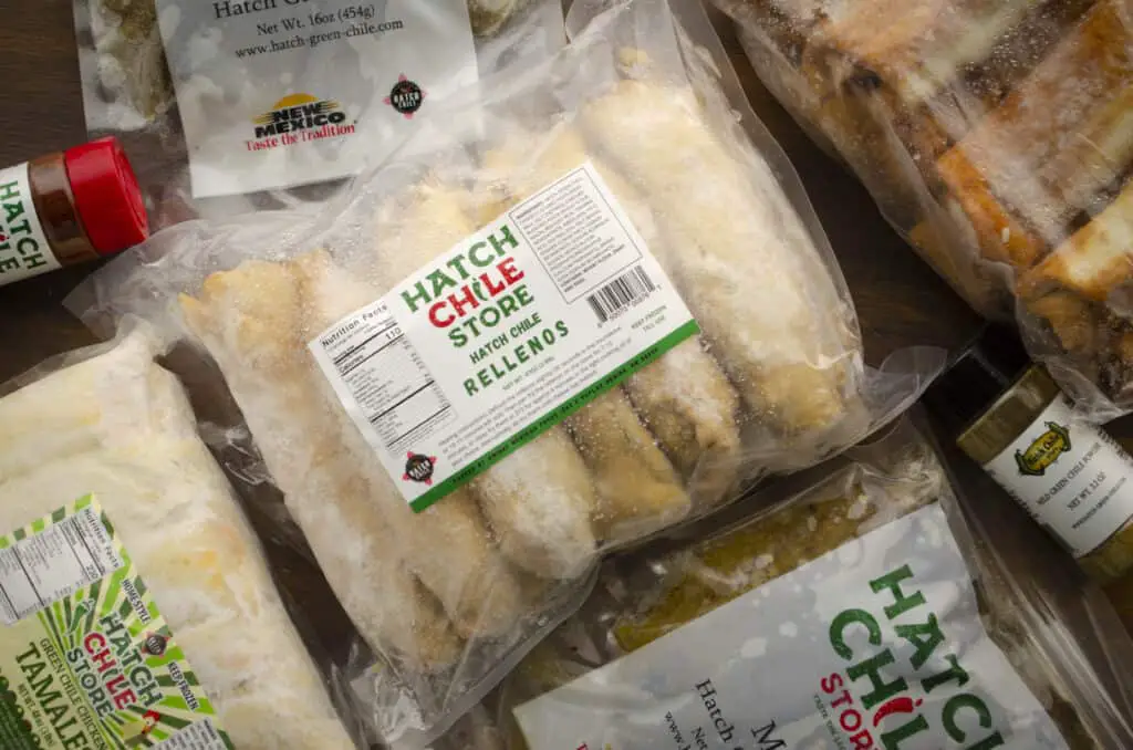 A package of Chile Rellenos from The Hatch Chile store surrounded by other Hatch chile products.