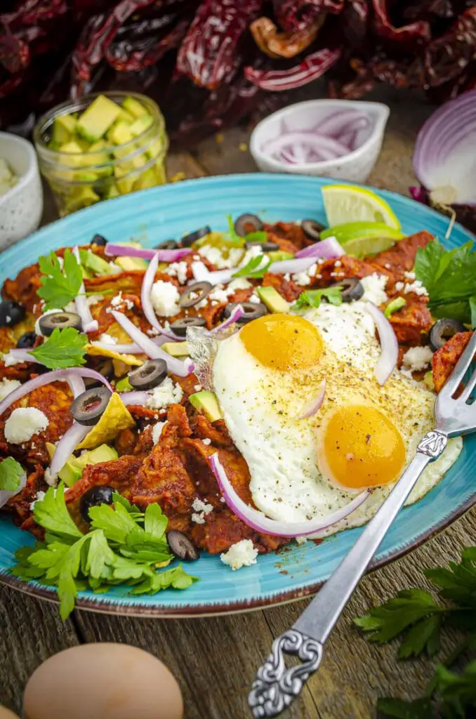 A closeup of a blue plate with red chile sauce chilaquiles. It is covered in garnishes such as avocado, red onion, black olives and cilantro leaves.