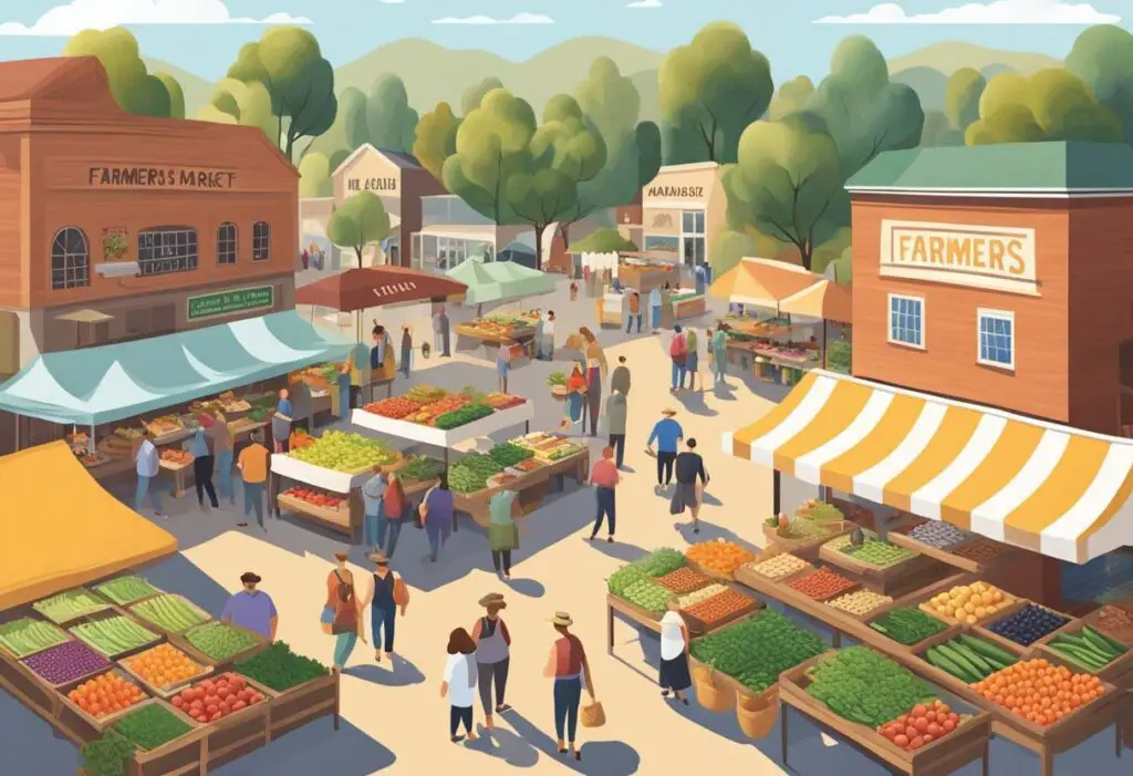 A small town 'downtown' farmer's market set up to promote the 'farm to table' movement. Classic two story brick buildings surround colorful awnings which shelter lots of fruits and vegetables. Several people shop, walking around the streets.