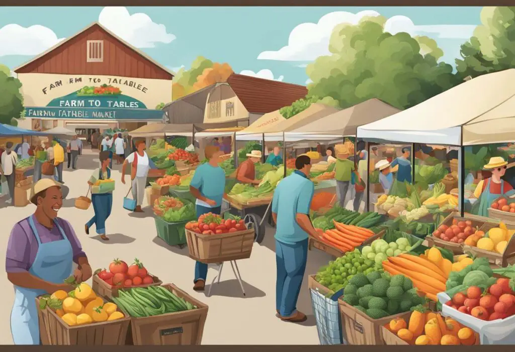 A Fairgrounds Farmer's market busy with people displaying several stands of colorful fruits and vegetables. A large gabled roof buildng is behind with the sign 'Farm to Tables' displayed on the side. 