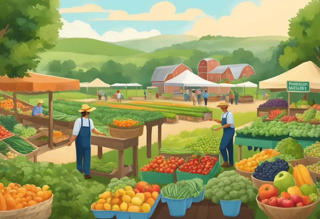 An illustration showing a countryside farme participating in a Community Supported Agriculture (CSA) program with people picking up various types of produce.