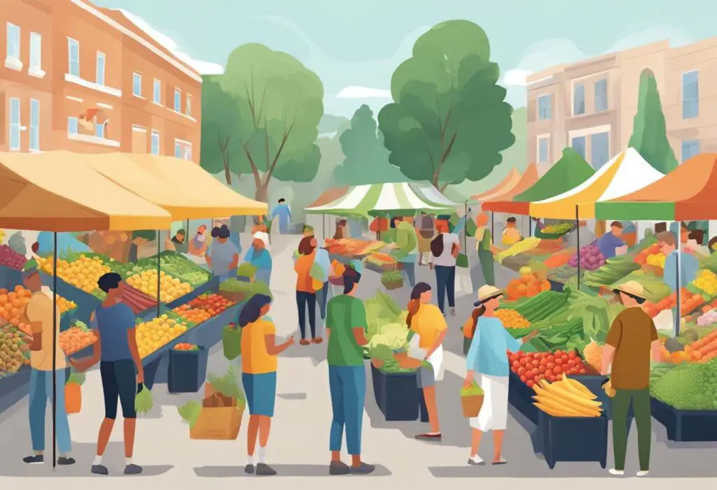 An illustration showing a city street by a park where a farmer's market has been set up with lots of stands and is very busy with people shopping.