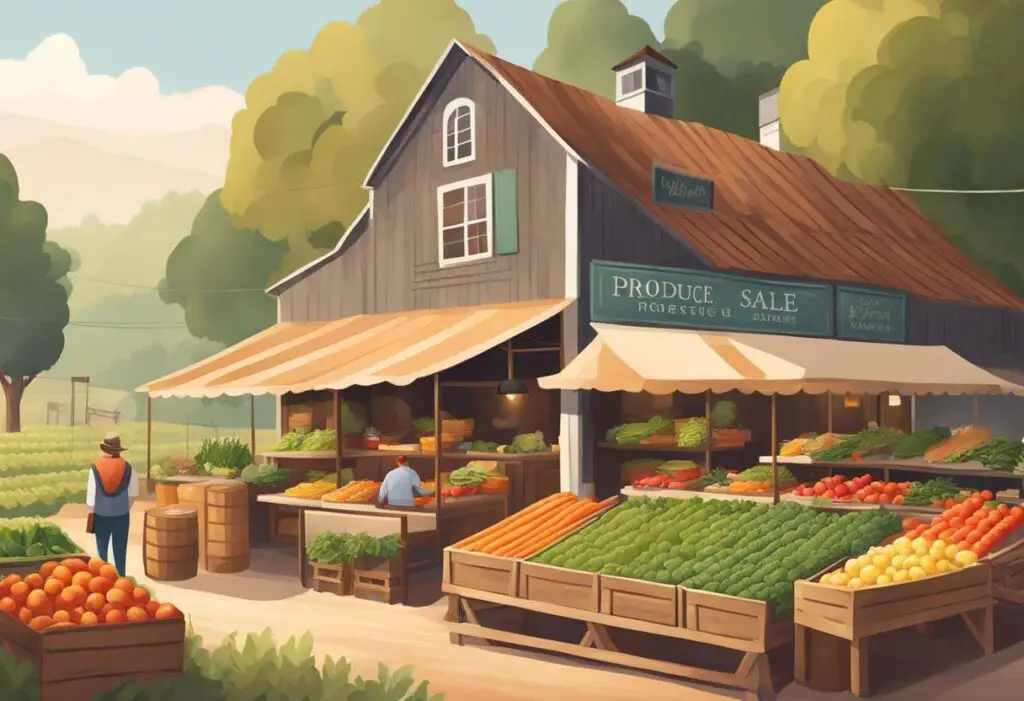 An illustration showing a large brown barn in the evening sun surrounded by produce stands. A sign on the side says, "Produce Sale".