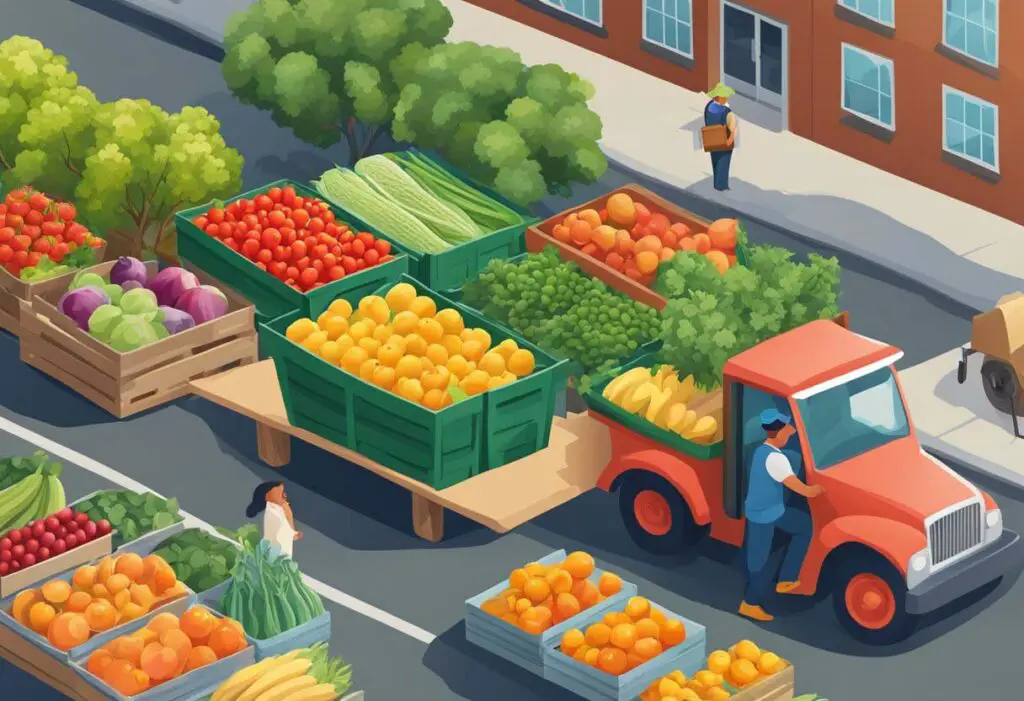 An Illustration showing a city street filled with large colorful bushels of various types of produce. A man climbs into a truck towing one such bushel to show how people embrace the "farm to table movement".