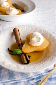 Vanilla cinnamon poached pears close up