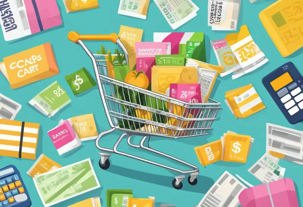 An illustration of a floating shoping cart filled with groceries and savings coupons, which as also scattered floating around the cart as well.